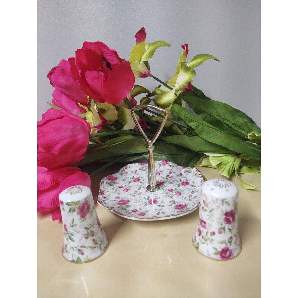 Vintage Lefton Rose Chintz Porcelain Small Tray, Salt Pepper Shakers and Teacups